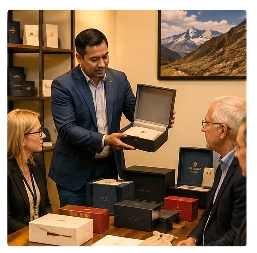 Sales agent demonstrating luxury packaging