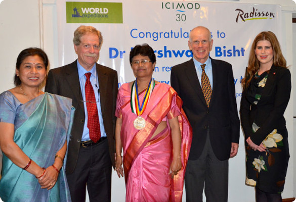 Uma Khakurel of Highland Excursions; Dr. David Molden, Director General of ICIMOD; Dr. Harshwanti Bisht, 2014 Hillary Medalist; Peter Hillary; Amelia Hillary